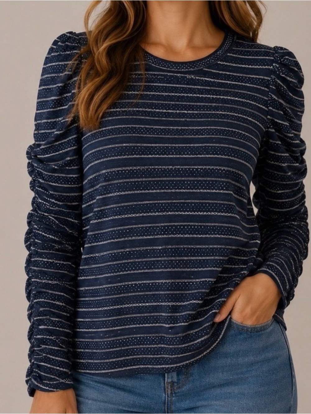 LOFT Navy and White Ruched Sleeve Blouse